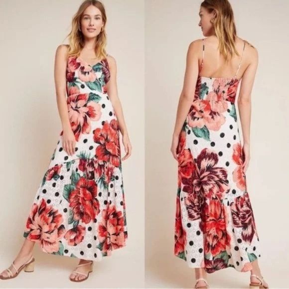 FARM Rio Dresses & Skirts - Farm Rio Eyelet Riviera Eyelet Maxi Dress Natural Motif Floral Anthropologie